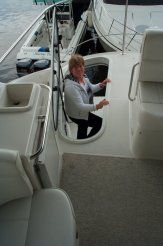 Accessing the bridge through a Bomar hatch - to prevent someone falling through the hatch to the deck below.