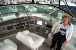 Another view of the helm on the flying bridge. The engine controls are all electronic, managing the engines with a synchronizing system.